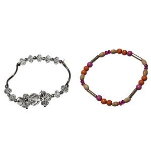 Beaded Stretch Bracelets Clear Crystal and Pink Orange Wood Accents Set of 2